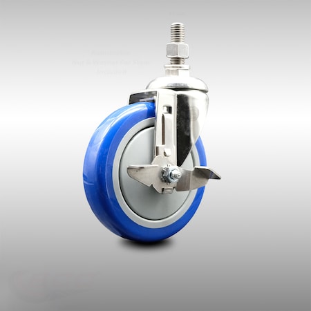 Service Caster 5 Inch 316SS Blue Polyurethane Swivel 10mm Threaded Stem Caster with Brake SCC-SS316TS20S514-PPUBBLUE-TLB-M1015